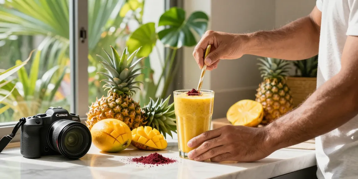 Camu camu powder being blended into a colorful smoothie with tropical fruits.