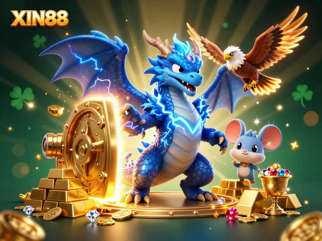 XIN88 dramatic casino scene featuring a thunder dragon, wind hawk, and thunder mouse amidst golden treasures