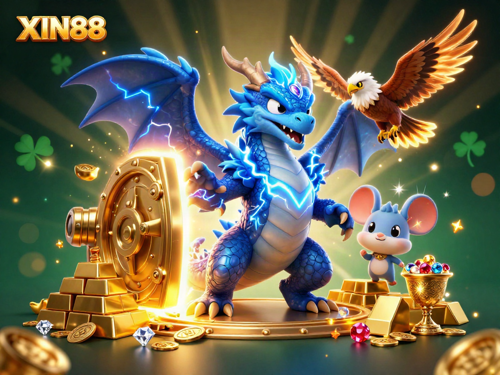 XIN88 dramatic casino scene featuring a thunder dragon, wind hawk, and thunder mouse amidst golden treasures
