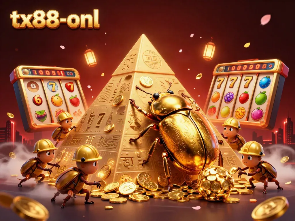Experience the thrilling game dynamics at tx88-onl with vivid golden beetles and casino symbols.