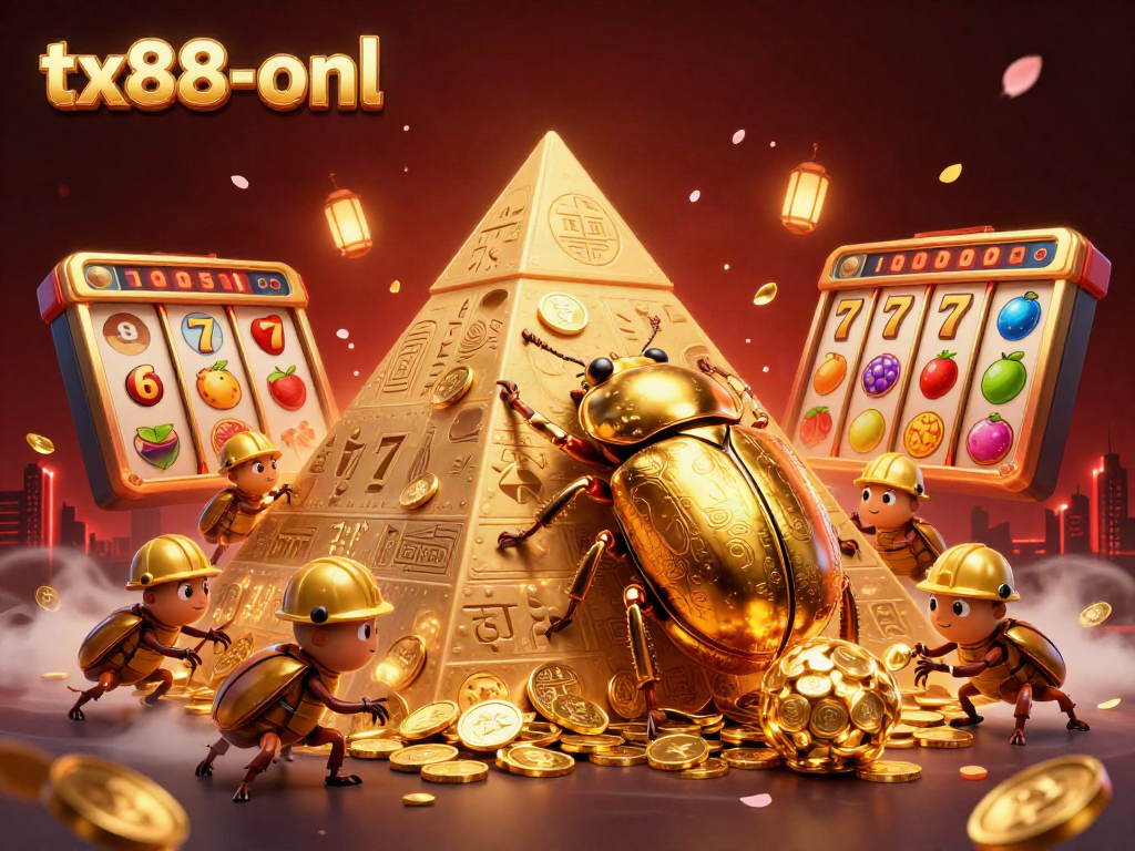 Experience the thrilling game dynamics at tx88-onl with vivid golden beetles and casino symbols.