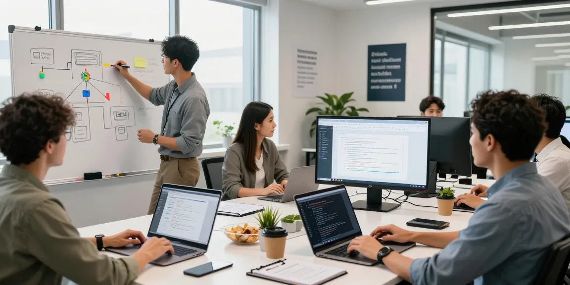 Building internal tools with AI: professionals collaborating in a modern workspace for software development.