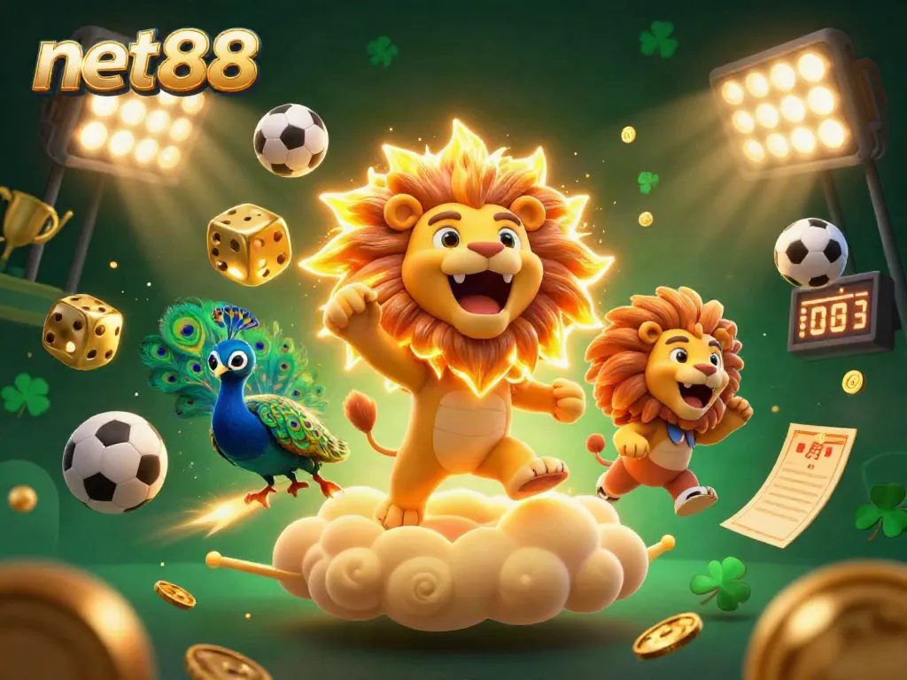 Engage in thrilling sports betting with net88 as golden dice roll amidst soaring sports elements.