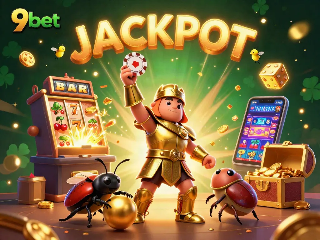 Experience thrilling wins with 9bet in an illustrated jackpot celebration scene featuring vibrant casino elements.