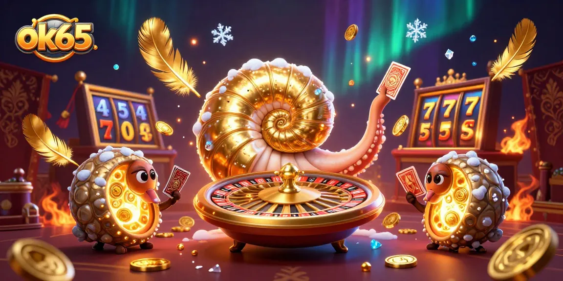 Experience the excitement of ok65 with a vibrant casino scene showcasing a nautilus roulette wheel.