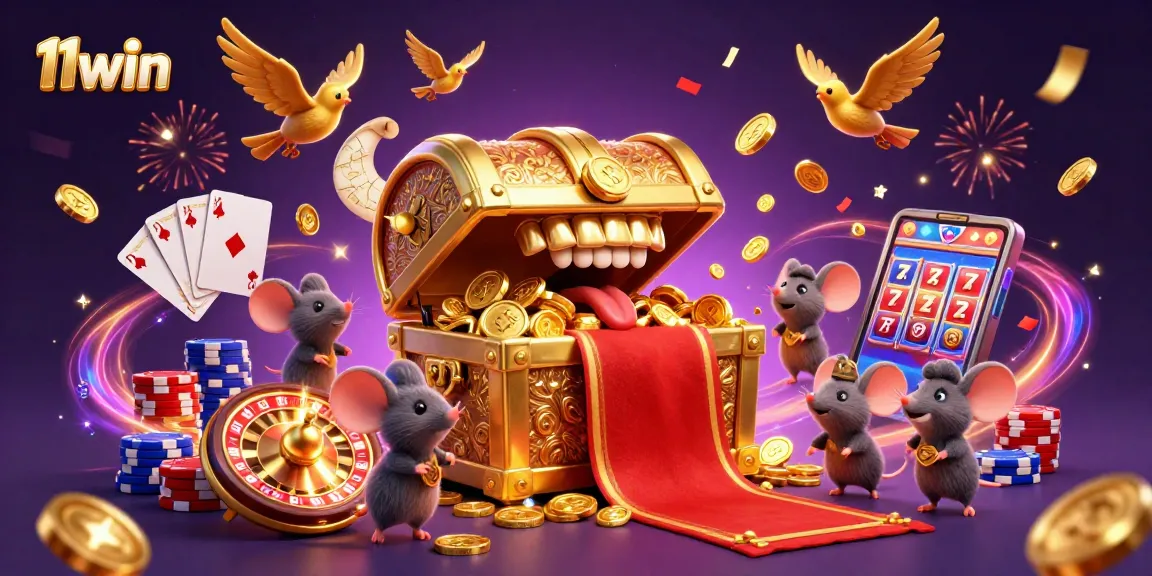 Win big at 11win with this vibrant scene showcasing a treasure chest and casino elements.