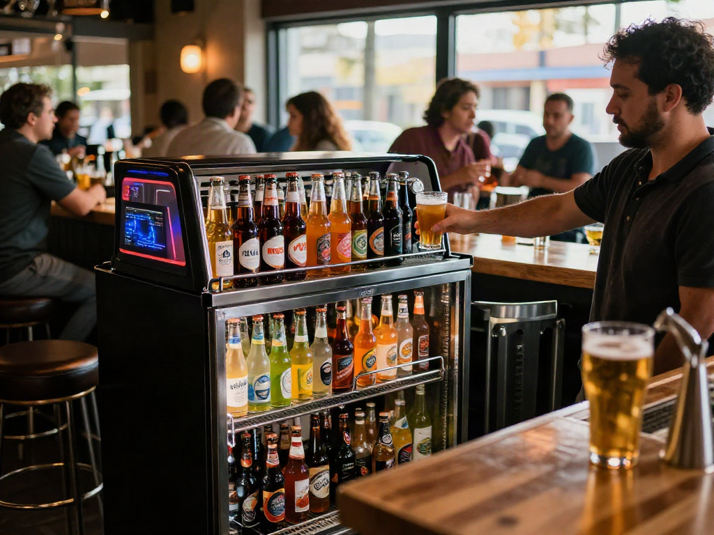 Commercial Bottle Coolers stocked with vibrant beverages in a lively bar setting, showcasing an inviting atmosphere.