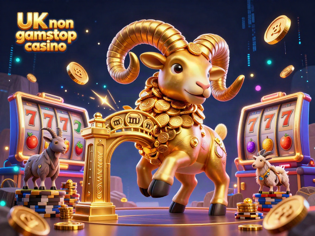 Engaging 3D scene showcasing excitement at a UK non gamstop casino with animated characters and vibrant slot machines.