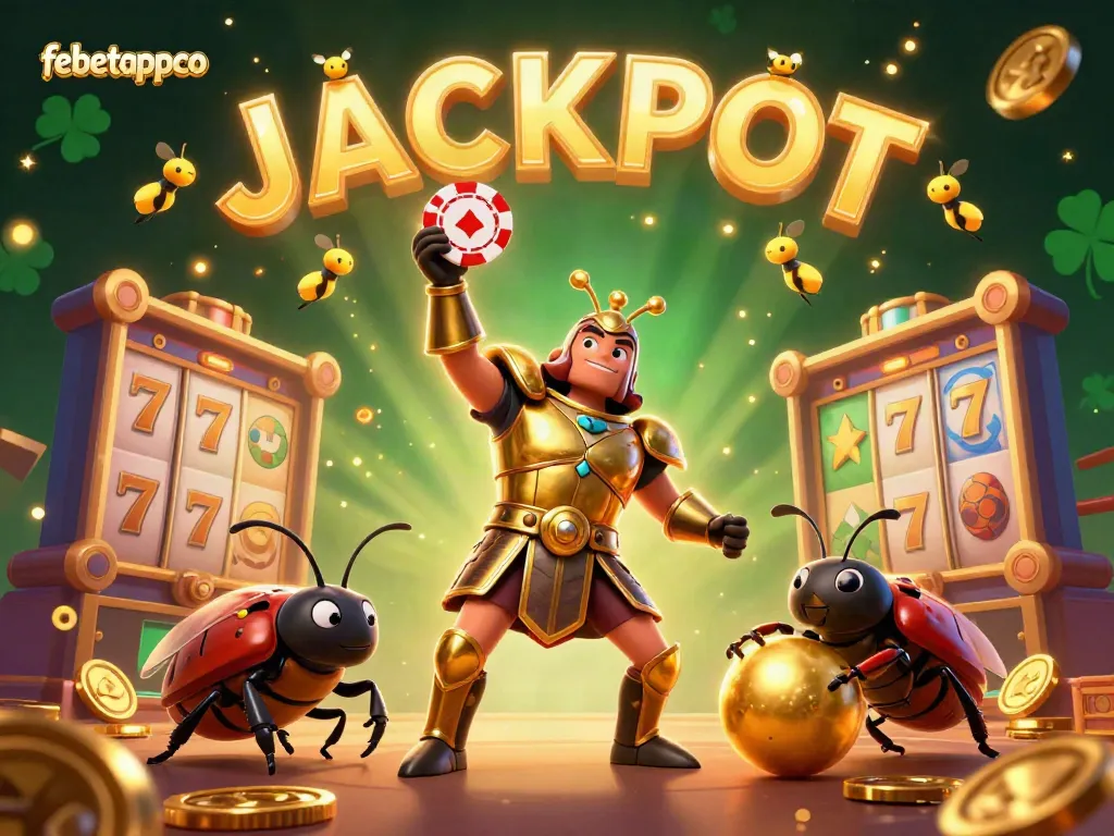 Experience the excitement of febetappco with a 3D beetle lifting a poker chip amidst a vibrant jackpot scene.