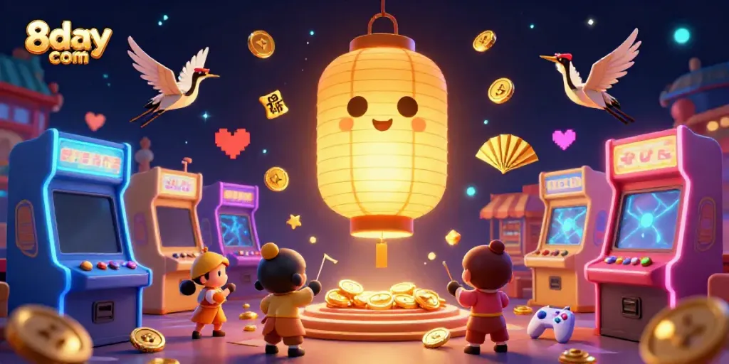 Experience thrilling gameplay at 8day com with this vibrant casino illustration featuring arcade game elements.