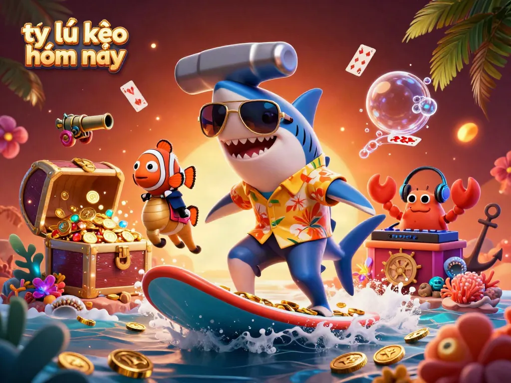 Experience the fun of tỷ lệ kèo hôm nay with a lively scene featuring a surfacing shark, a clownfish, and a crab DJ.