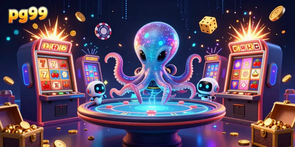 Experience the excitement of pg99 with a vibrant alien octopus at a holographic poker table amidst casino elements.