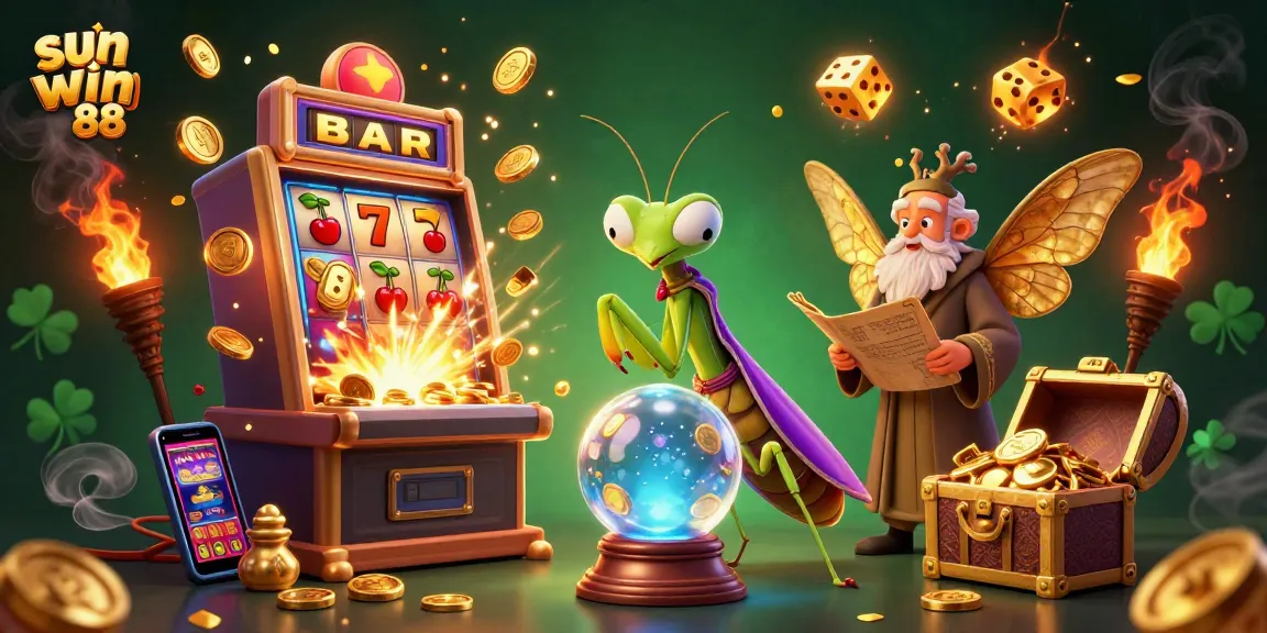 Play exciting casino games with sun win 88, featuring a vibrant scene with fortune teller, moth librarian, and dynamic gambling elements.