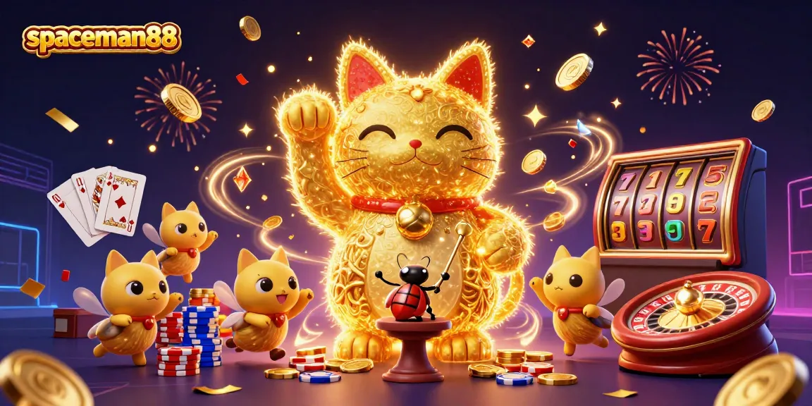 Join the exciting gameplay experience at spaceman88 with our vibrant golden lucky cat slot machine illustration!