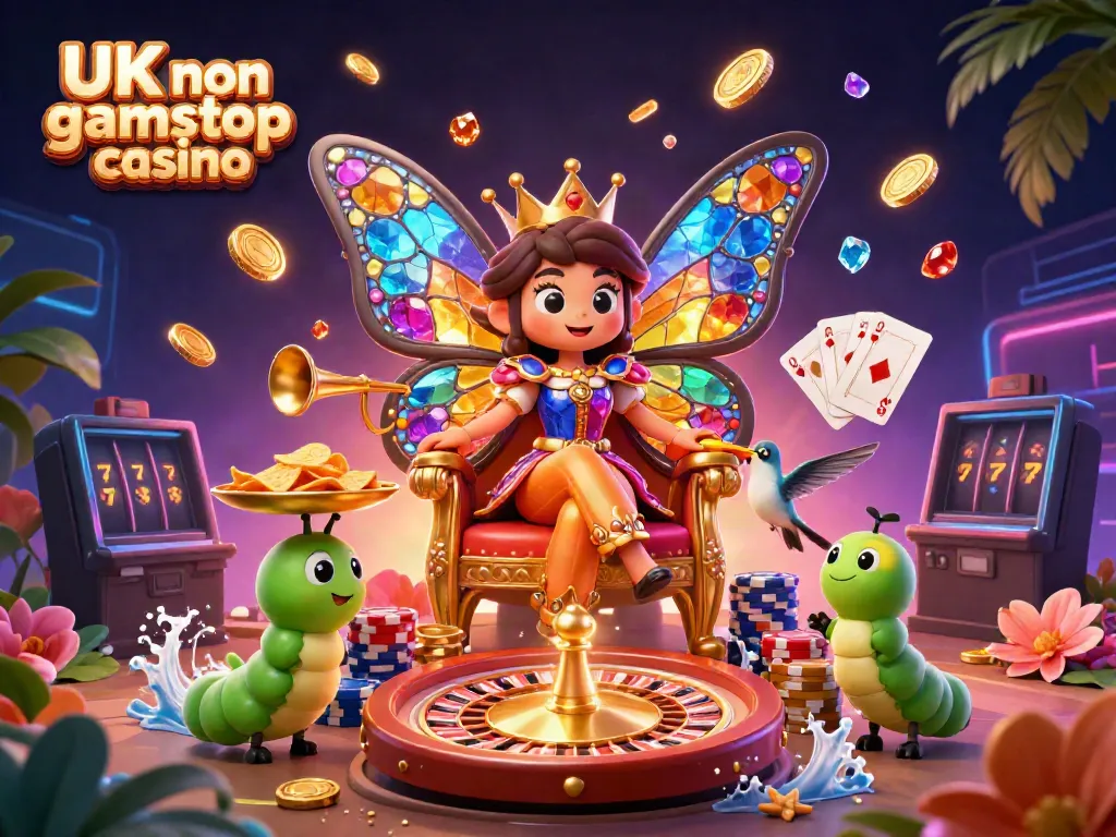 Engage with the vibrant world of UK non gamstop casino through a majestic butterfly queen and gaming elements.