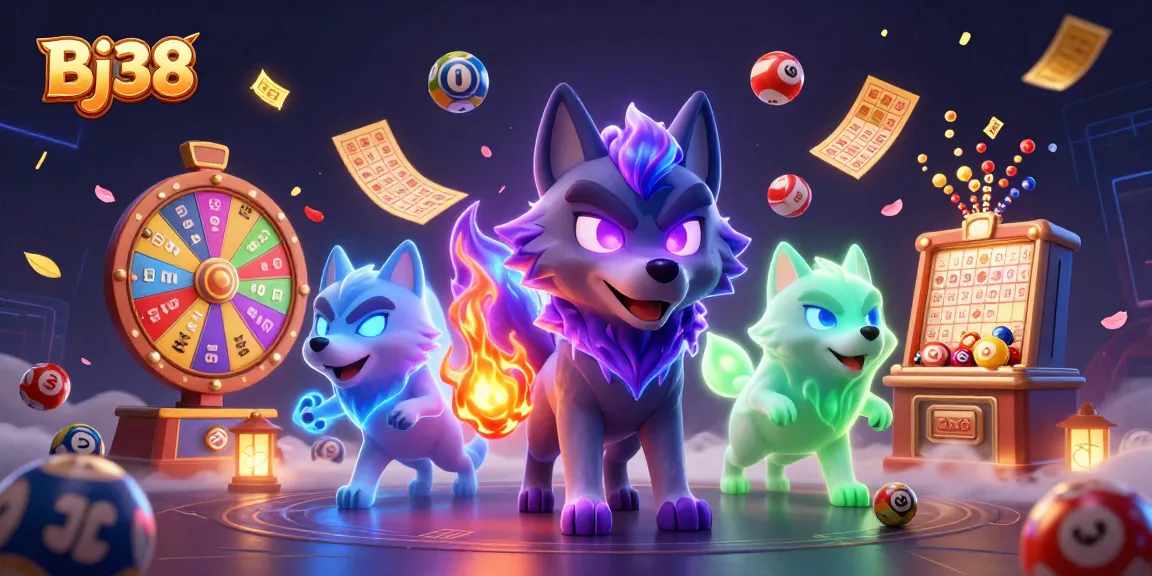Bj38 brings together a ghostly wolf leader and companions with colorful lottery elements creating a dynamic casino scene.