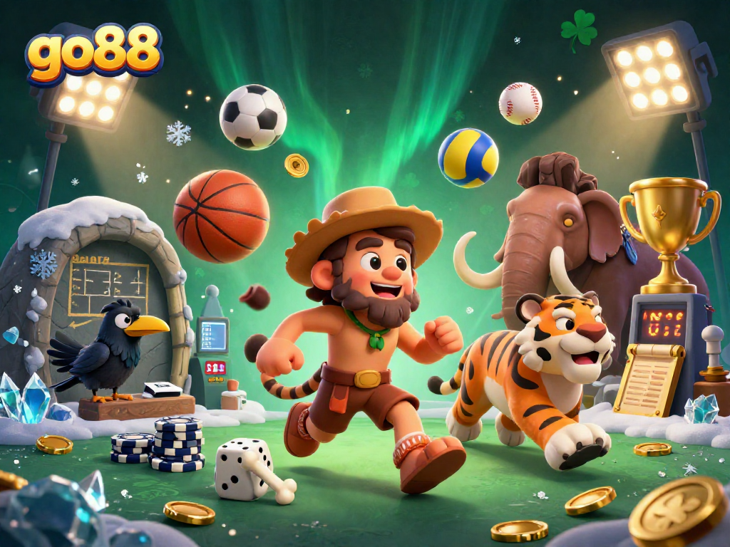 Experience thrilling wins at go88 with a dynamic prehistoric casino scene featuring unique characters.