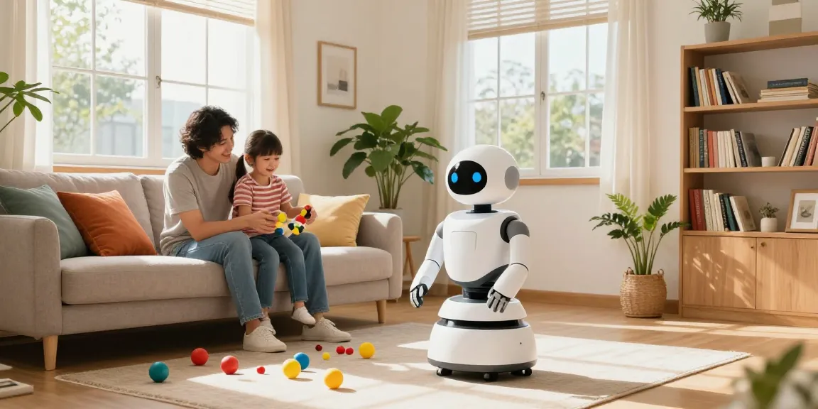 Home robot aiding family with chores in a bright living room.