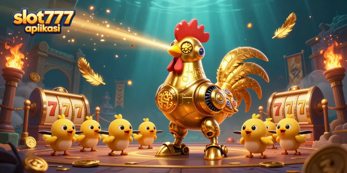 Experience slot777 aplikasi with a dynamic 3D scene featuring golden elements and exciting casino action.