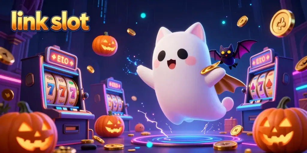 Watch the friendly ghost cat exploring the haunted casino slots with a vampire bat companion and glowing jack-o-lanterns in this vibrant scene.