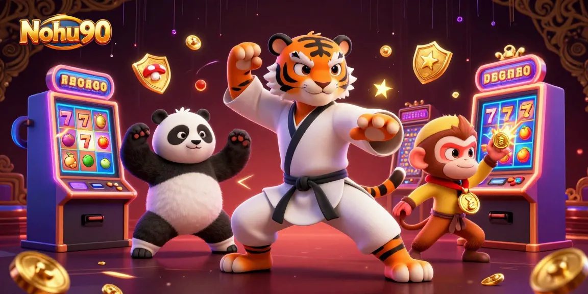 Nohu90 delivers excitement with a 3D illustration of a kung fu tiger master surrounded by vibrant slot machines.