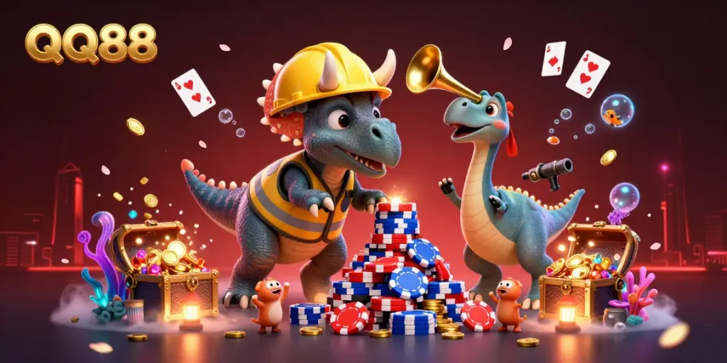 Experience the excitement of QQ88 with a vibrant 3D scene featuring cartoon dinosaurs celebrating casino games and underwater treasures.