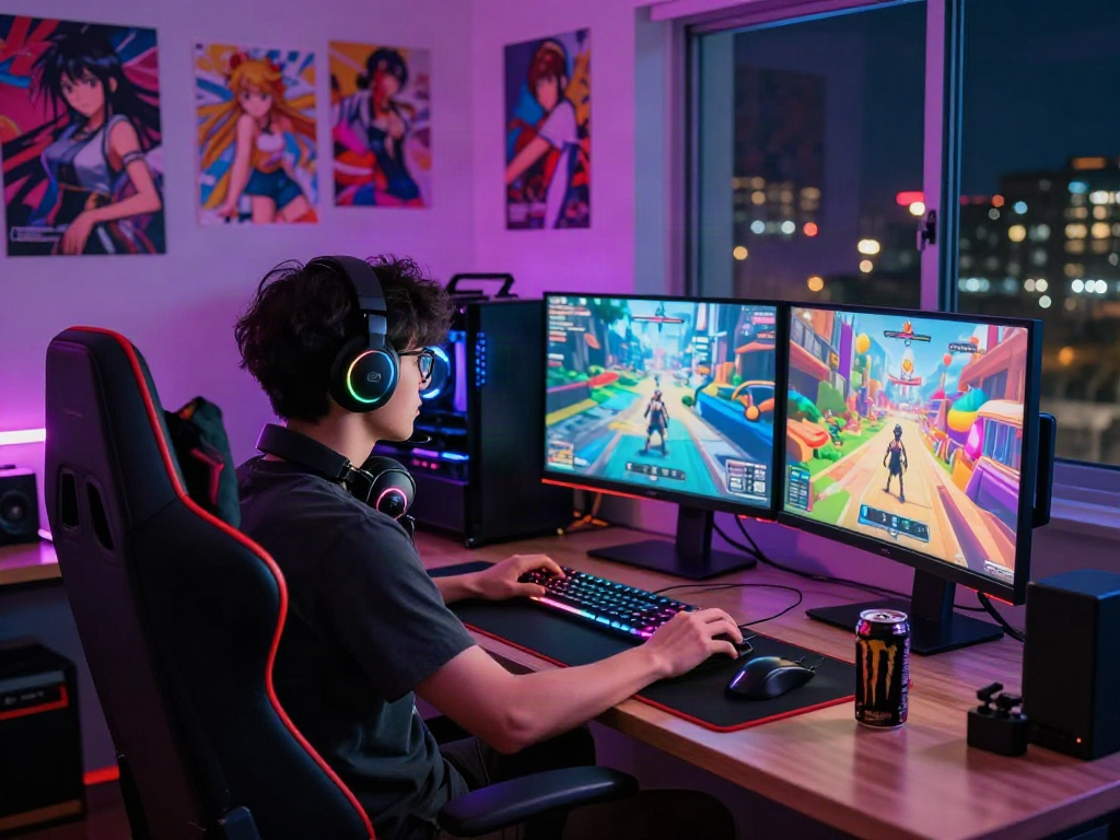 Player immersed in a popular hentai game in an RGB-lit gaming setup