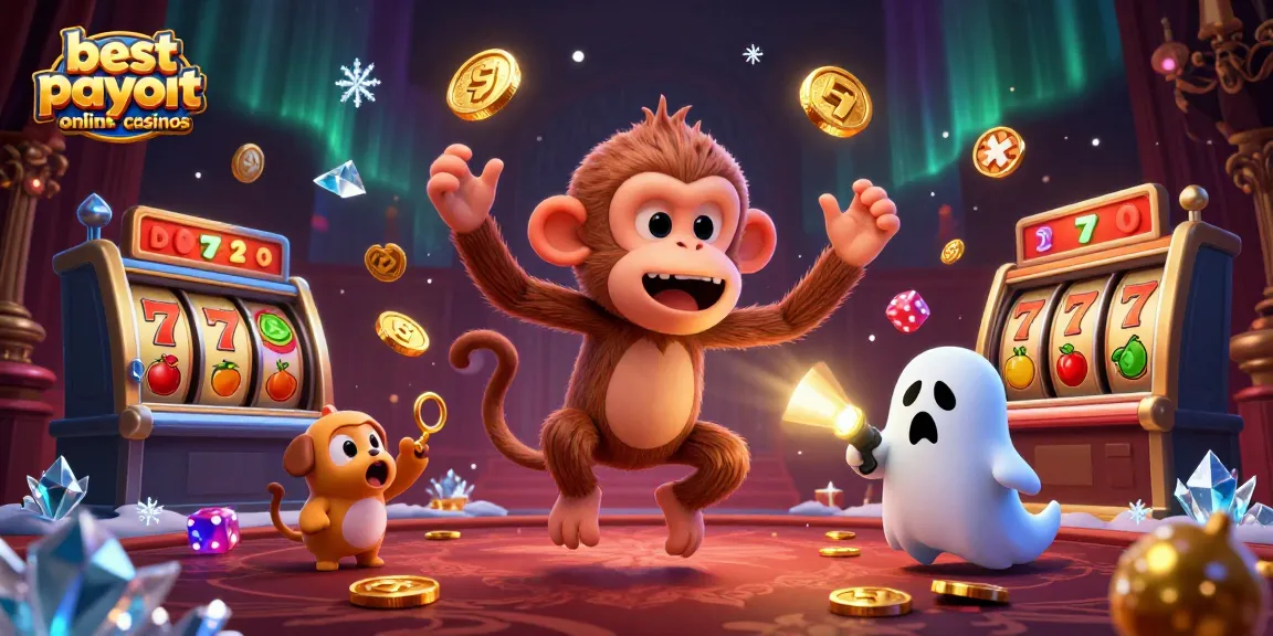 Engage with the best payout online casinos as a mischievous monkey juggles golden objects in a haunted casino.