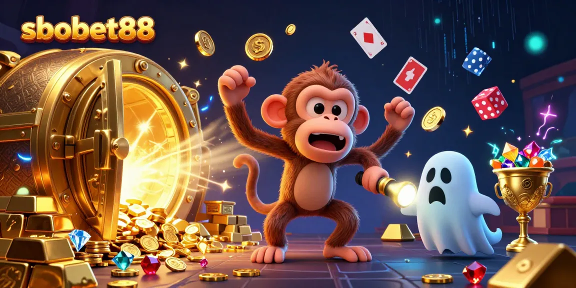 Experience sbobet88's thrilling casino atmosphere with a playful ghost-juggling coins and a puppy in pursuit.