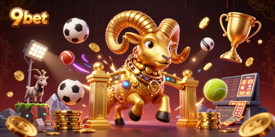 Bet on 9bet with a thrilling 3D casino illustration featuring dynamic sports elements.