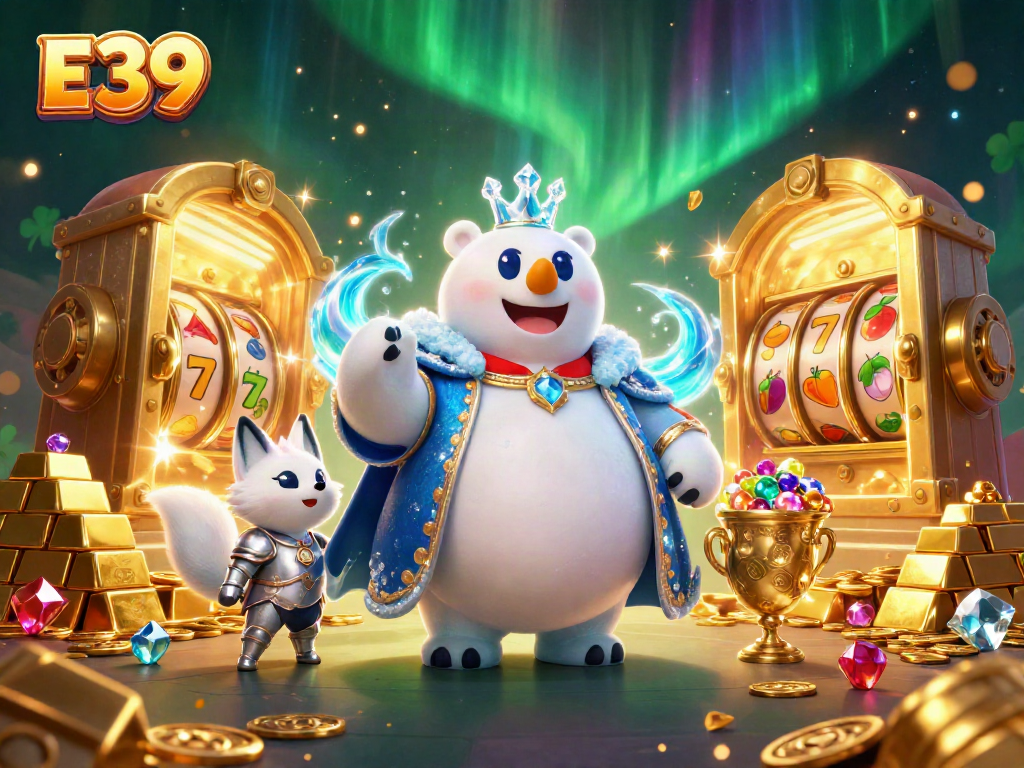E39 jackpot excitement with a polar bear and snow fox amidst dynamic casino riches and vibrant slot elements.