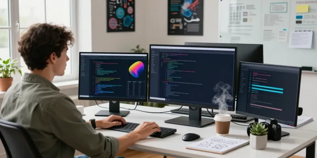 Developer at a modern workspace focusing on instant indexing software.