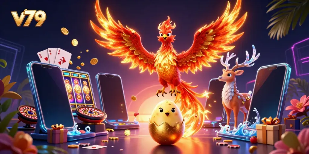 Experience thrilling moments with v79 as the phoenix rises amidst vibrant casino elements in a stunning 3D illustration.