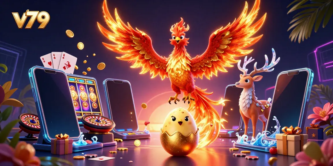 Experience thrilling moments with v79 as the phoenix rises amidst vibrant casino elements in a stunning 3D illustration.