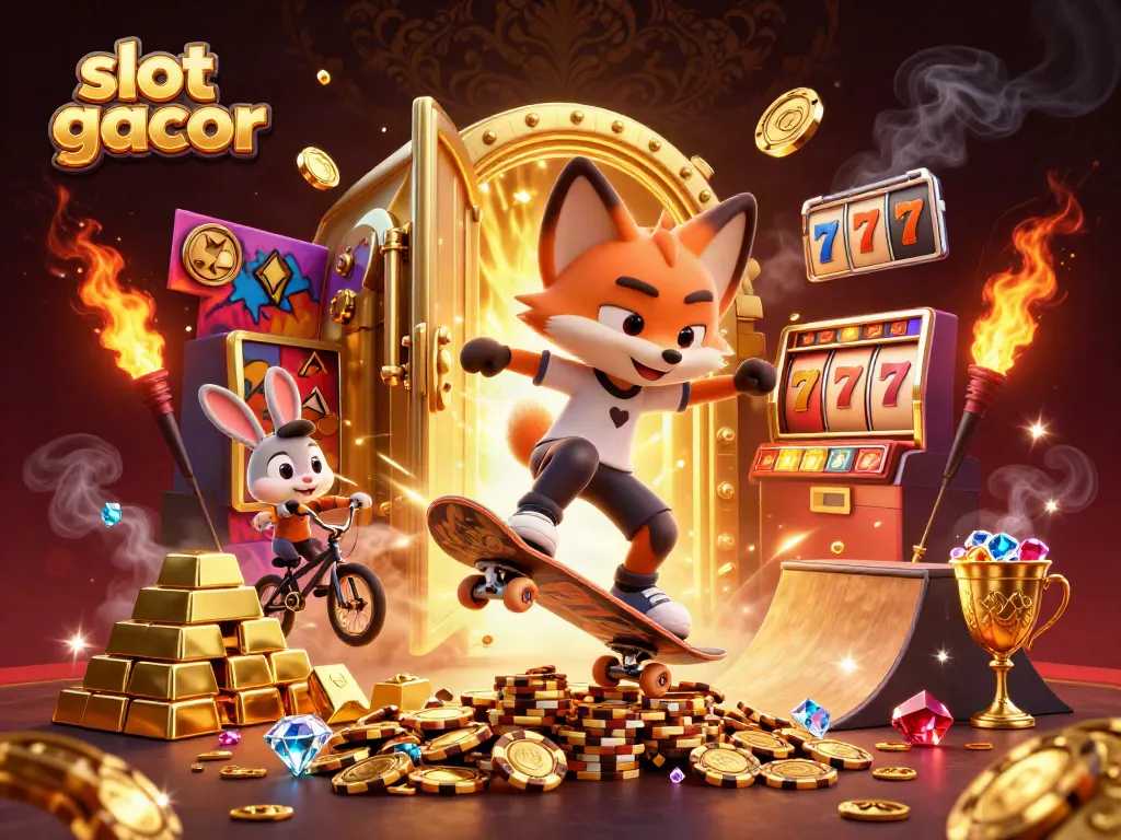 Catch thrilling slot gacor action with an energetic skateboarder fox and BMX-riding rabbit amidst vibrant casino symbols.