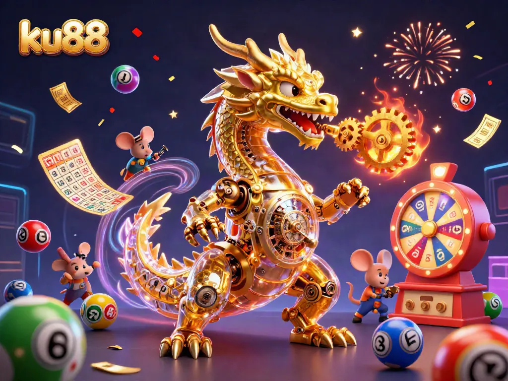 Engage with the exciting ku88 gaming experience featuring a golden dragon, colorful lottery elements, and vibrant celebrations.