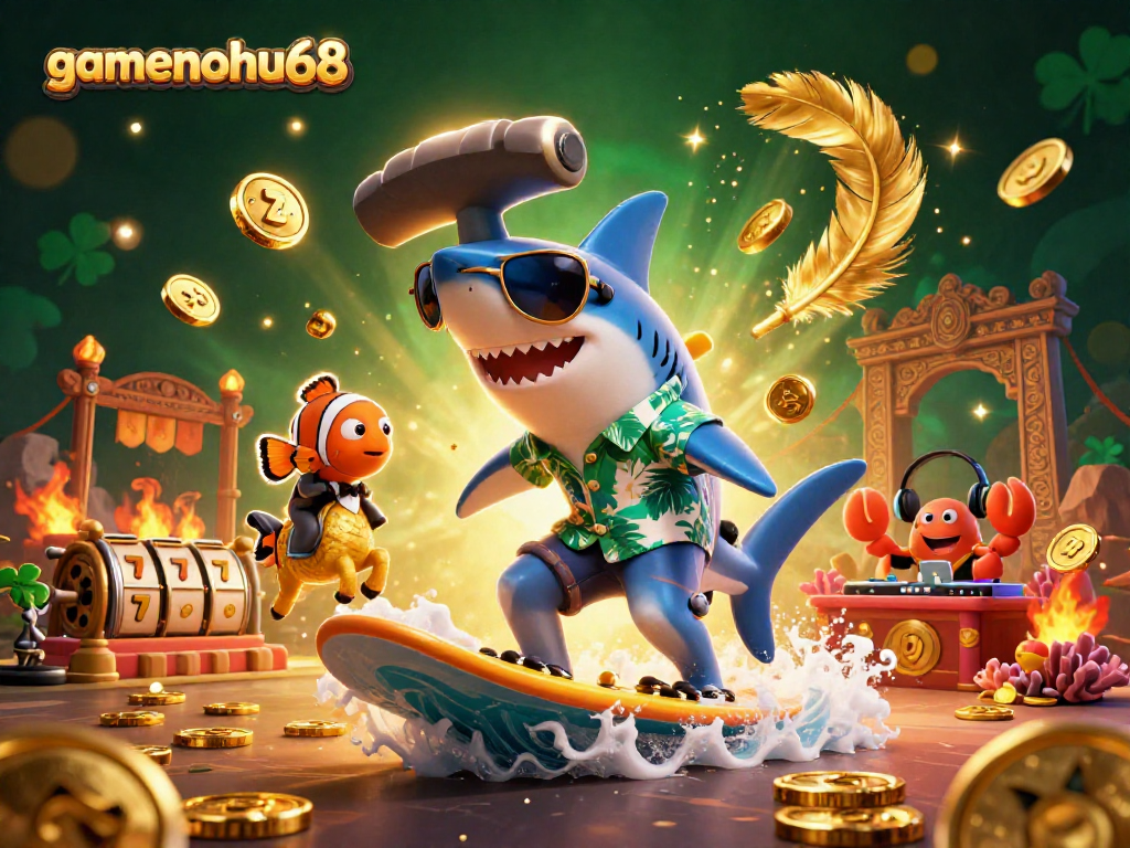 Experience the thrill of gamenohu68 with a vibrant 3D casino scene featuring a shark surfer amidst gold coins.