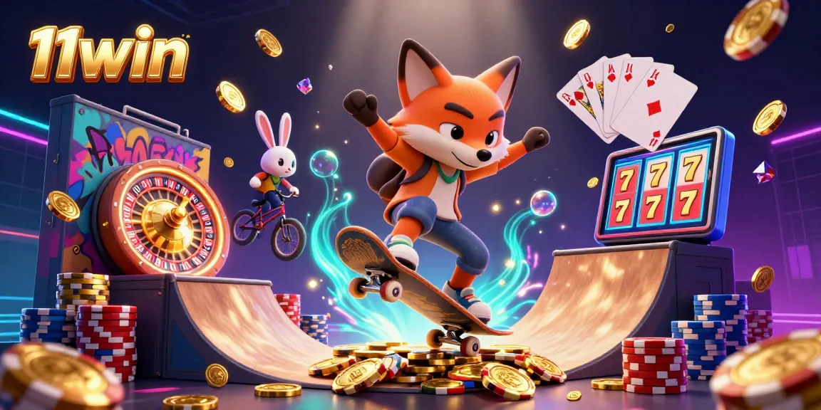 Engage in thrilling action with 11win as a skateboarder fox kickflips over poker chips amidst sparkling casino elements.