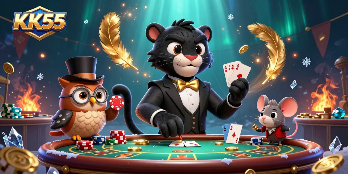 Engage with KK55 in a lively casino scene featuring a stylish panther, wise owl, and lucky mouse as they deal cards and hold poker chips.