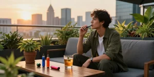 Enjoying thc pens in a stylish urban rooftop lounge with vibrant decor.