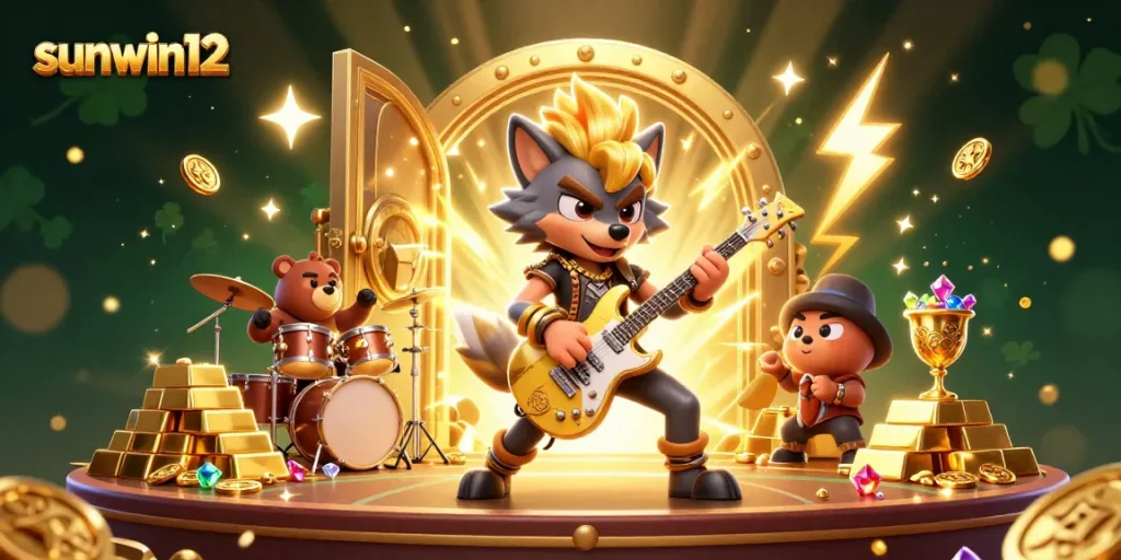 Experience thrilling moments with sunwin12 as a rock star wolf and drummer bear conquer the casino stage!