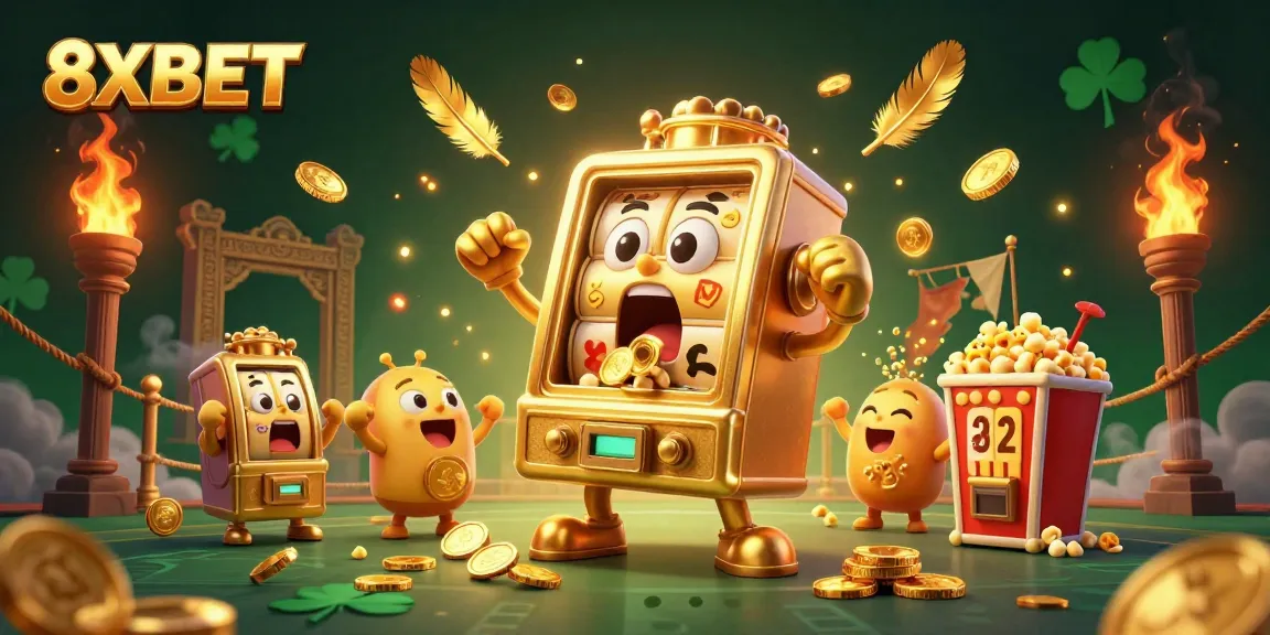 8XBET's golden slot machine celebrates a jackpot win, overflowing with coins amidst an enriched casino ambiance.