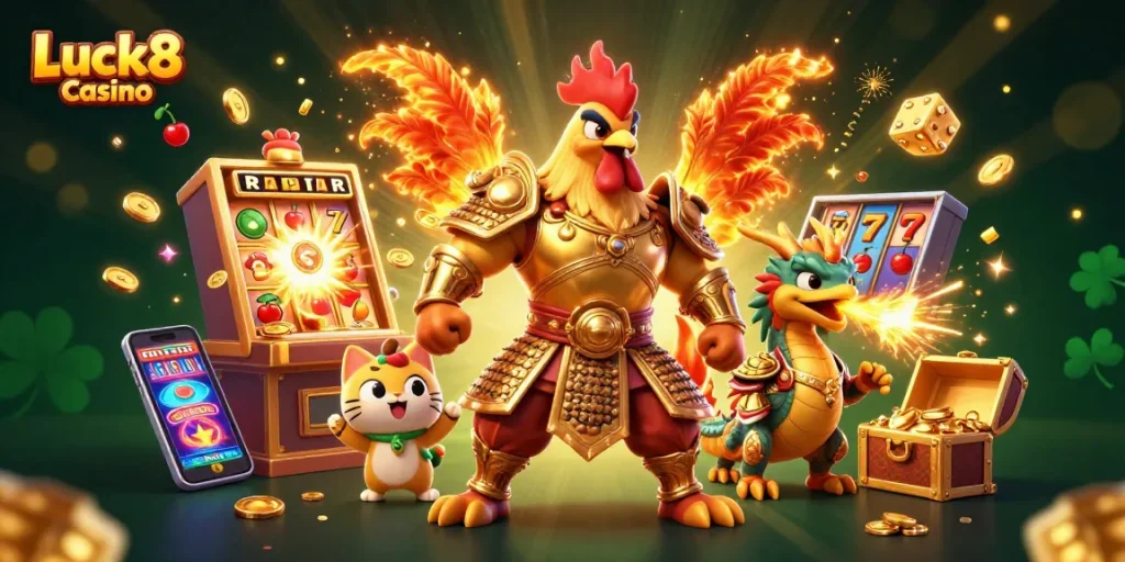 Experience the excitement at Luck8 Casino with a dynamic scene featuring colorful slot elements and vibrant characters.