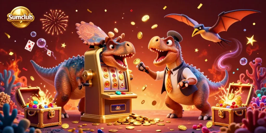 Witness Sumclub's fun scene with a pachycephalosaurus hitting a slot machine for jackpots.
