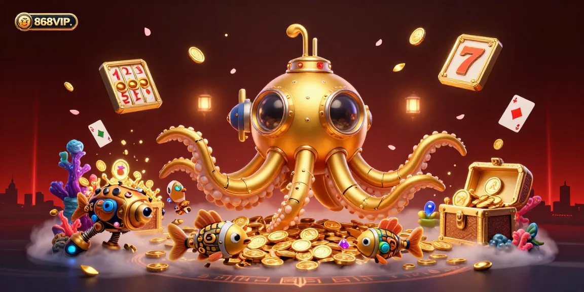 Engage with the thrilling 868VIP casino scene featuring a golden kraken submarine in a gold coin sea.