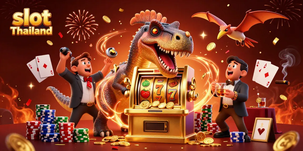 Slot Thailand memicu jackpot dengan ilustrasi dinosaurus lucu di kasino.