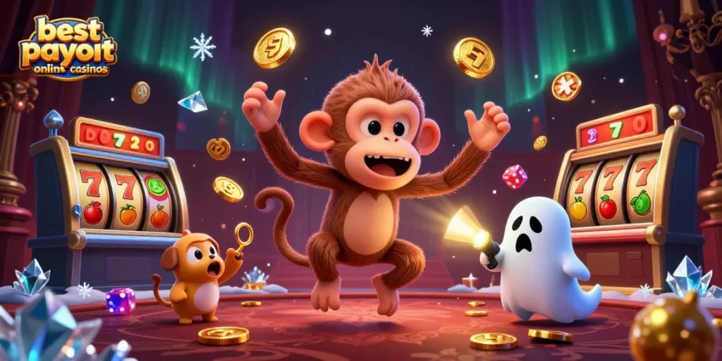 Engage with the best payout online casinos as a mischievous monkey juggles golden objects in a haunted casino.