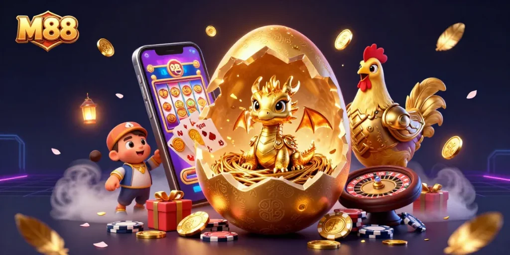 M88 offers thrilling casino experiences with a golden dragon on poker chips, showcasing engaging gaming elements.