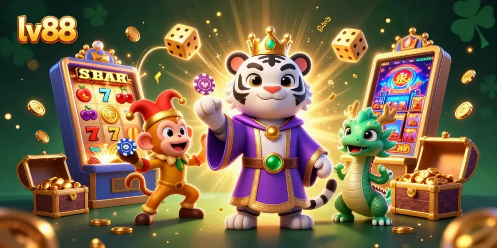 Experience the excitement of lv88 with a lively scene of a tiger, monkey, and dragon in a vibrant casino.