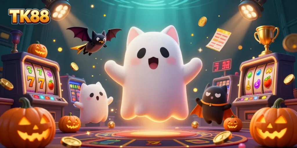 Experience thrilling gameplay with TK88 in a vibrant casino scene featuring a playful ghost cat.